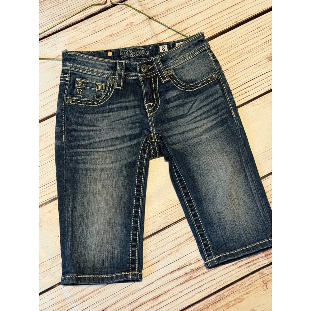 Miss Me Girls Dark Wash Denim Bermuda Shorts Embellished Pockets Size 8 JK7537B